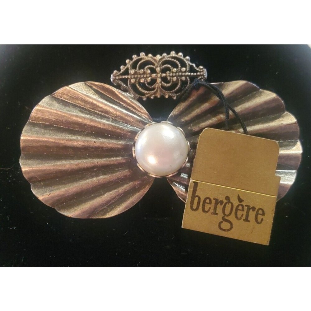 Vintage Signed BERGERE Silver Tone Bow Pin Brooch Faux Pearl Filigree with Tags